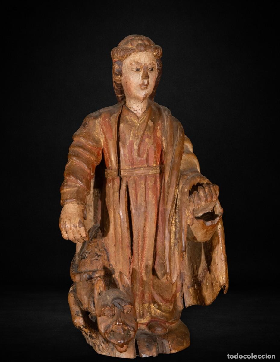Arte: Santa Margarita de Antioqu&iacute;a g&oacute;tica siglo XVI talla madera policromada