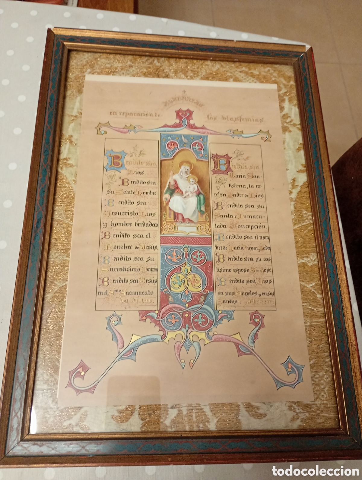 Arte: Alabanzas en reparaci&oacute;n de las blasfemias. Virgen Mar&iacute;a, Manuscrito iluminado , hilo oro. S.XIX-XX