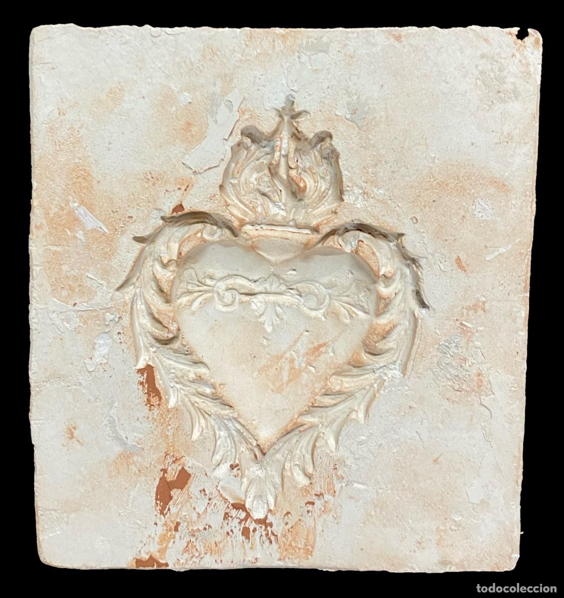 Arte: Antiguo molde de escayola para barro o terracota, coraz&oacute;n con espinas, sagrado coraz&oacute;n. 12x11x2