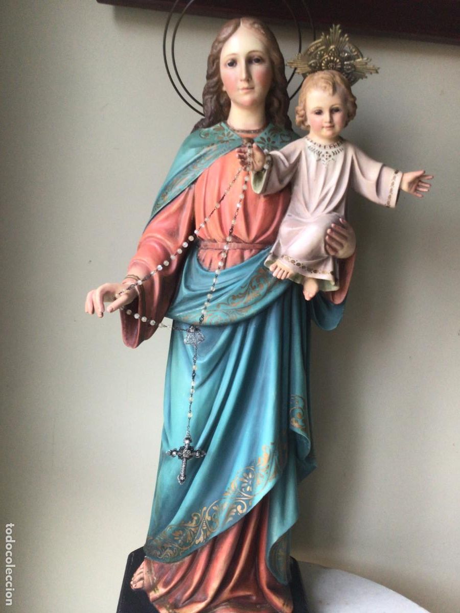 Arte: MUY GRANDE Y ANTIGUA ESCULTURA DE OLOT 90 CM ALTA , VIRGEN AUXILIADORA CON EL NI&Ntilde;O JESUS.OJOS VIDRIO