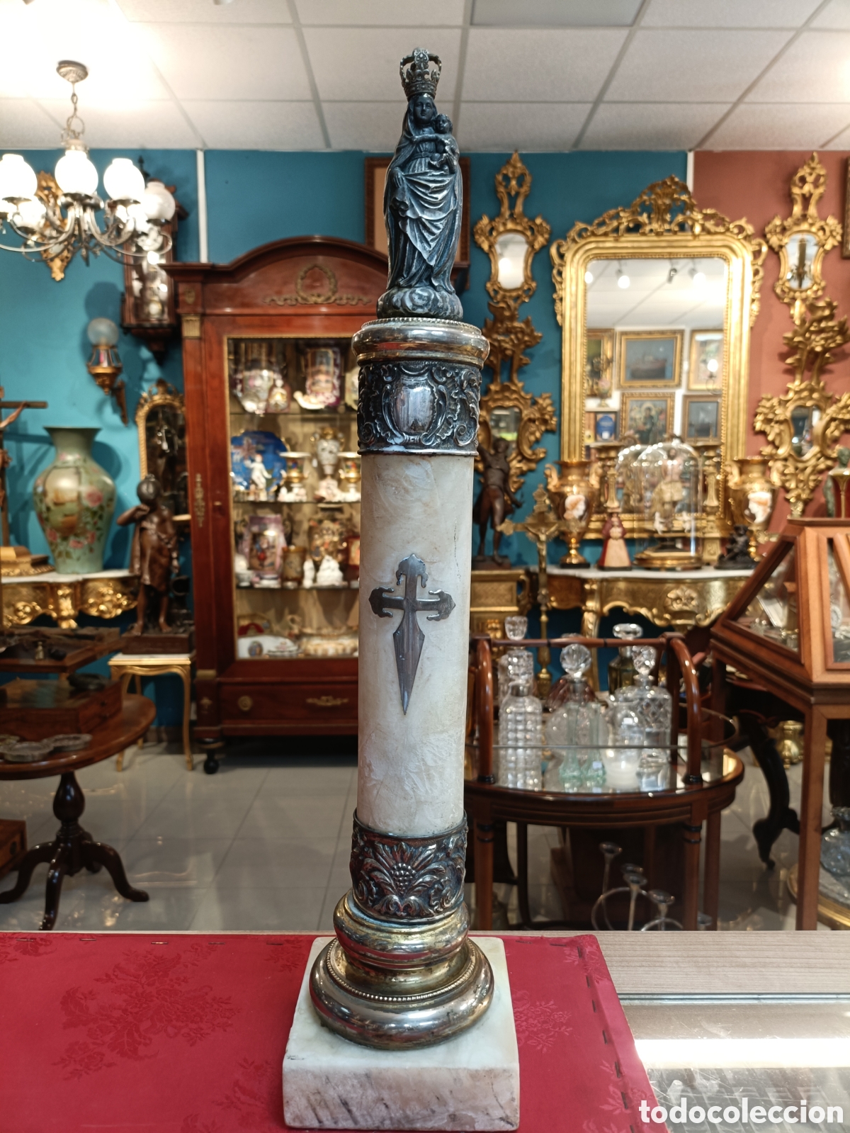 Kunst: ANTIGUA IMAGEN RELIGIOSA VIRGEN DEL PILAR BA&Ntilde;O DE PLATA Y M&Aacute;RMOL 49CM ALTO