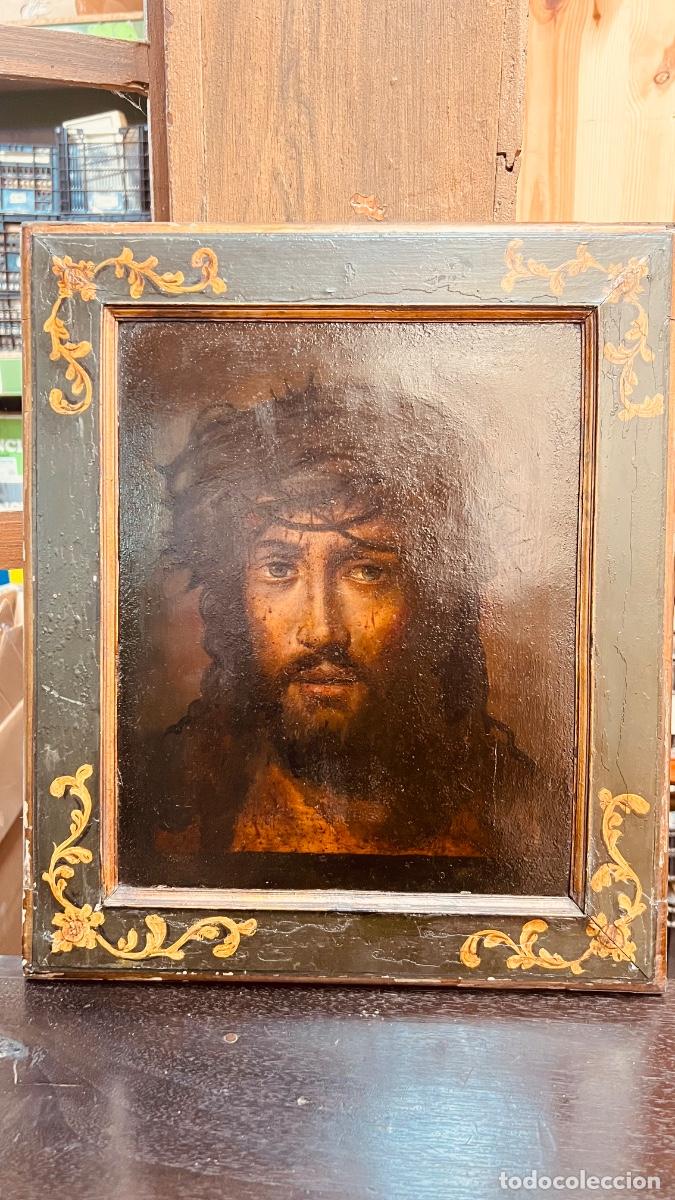 Arte: Oleo sobre cobre ecce homo jesus ojos azules calidad s XVIII XIX 44x37cms