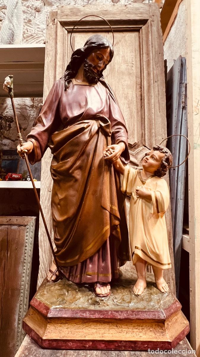 Arte: San Jos&eacute; con ni&ntilde;o Jes&uacute;s de la mano ojos vidrio figura Olot 52cms