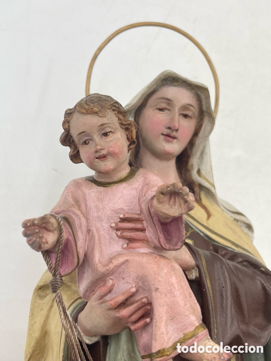 Arte: Escultura religiosa antigua. Virgen del Carmen con ni&ntilde;o Jes&uacute;s. Talleres el sagrado coraz&oacute;n Olot.