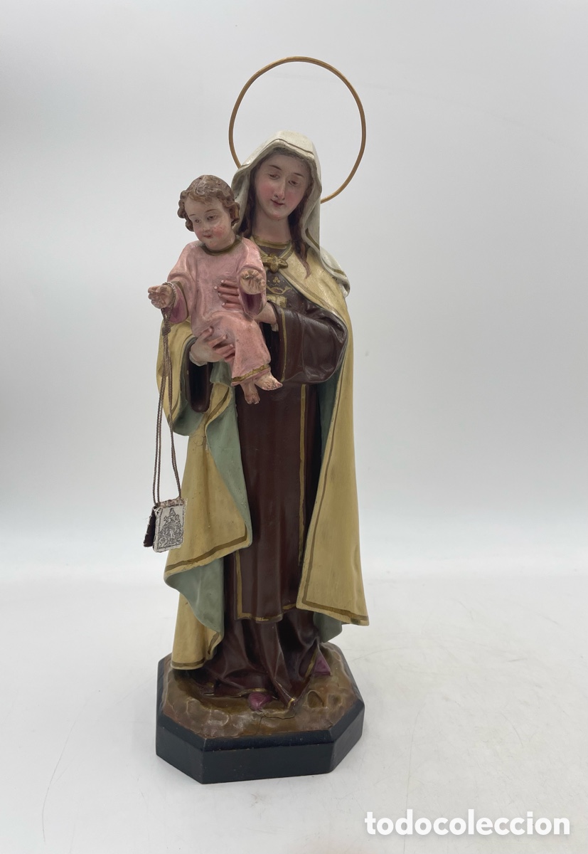 Arte: Escultura religiosa antigua. Virgen del Carmen con ni&ntilde;o Jes&uacute;s. Talleres el sagrado coraz&oacute;n Olot.