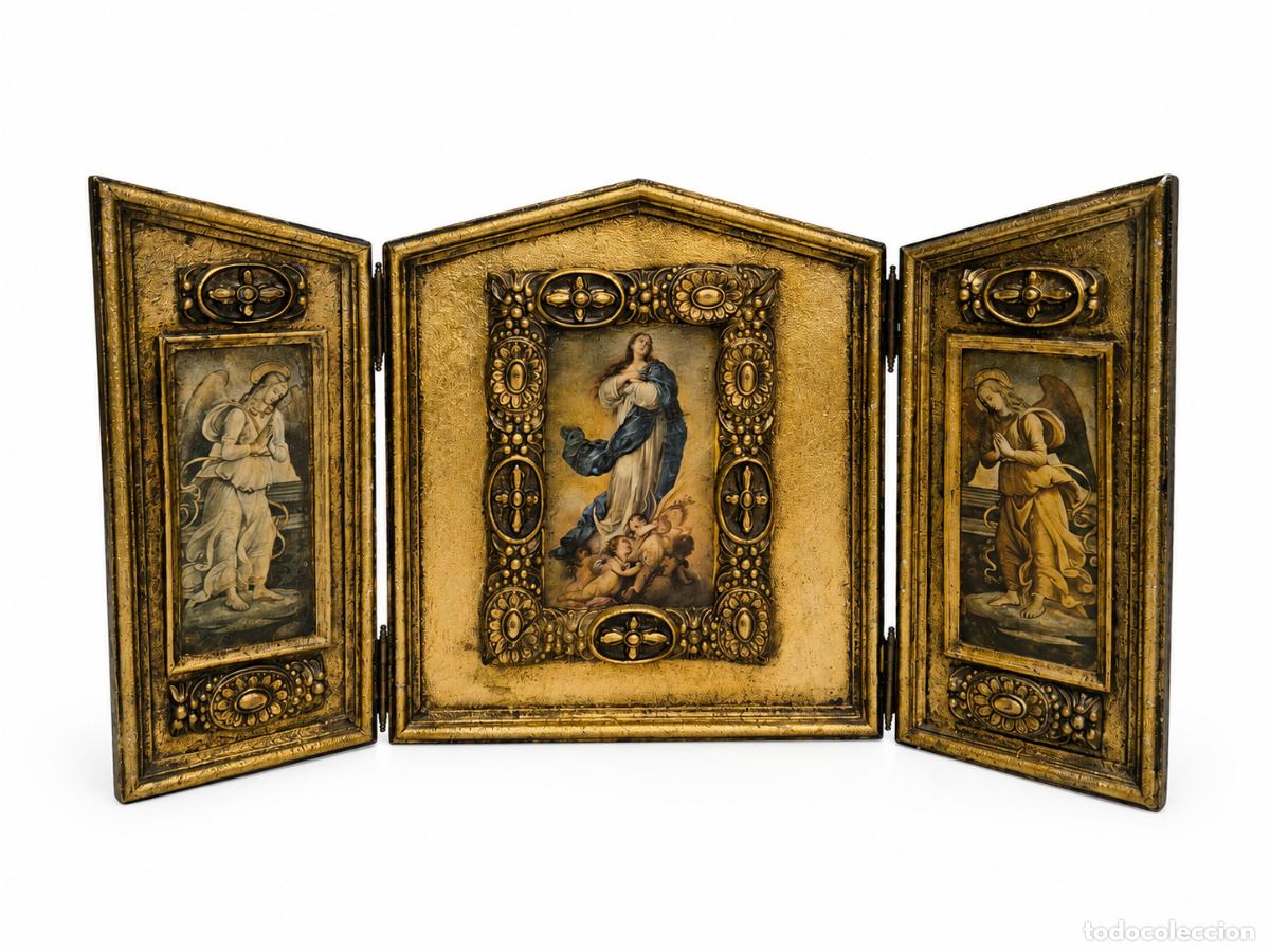 Arte: Tr&iacute;ptico Religioso Devocional Port&aacute;til - Inmaculada Concepci&oacute;n - Madera Dorada en Pan de Oro