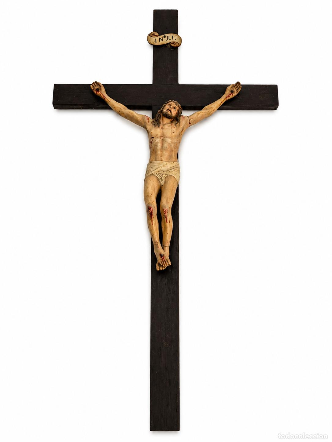 Arte: Antiguo Cristo - Jesucristo en la Cruz - Terracota Policromada - S.XIX