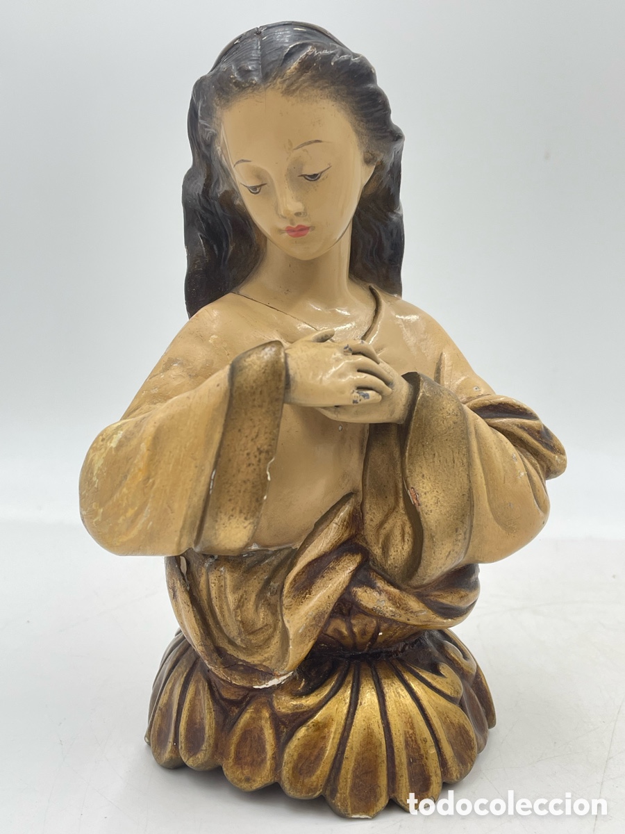 Arte: Figura busto virgen Mar&iacute;a. Escayola y Manos de metal o plomo.