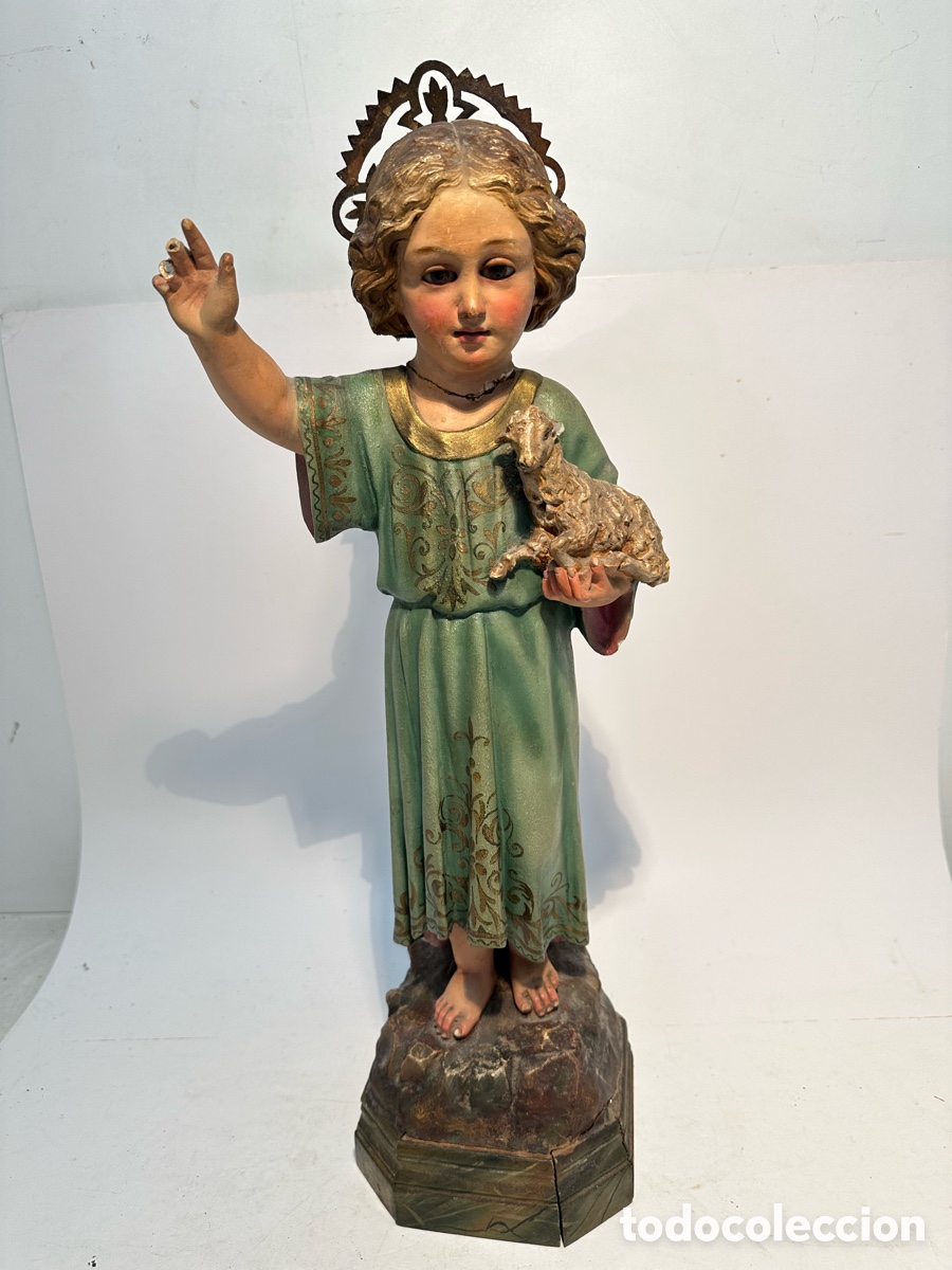 Arte: ANTIGUO NI&Ntilde;O JESUS CON CORDERO DE ESTUCO Y OJOS DE CRISTAL. MODELO OLOT 45CM.