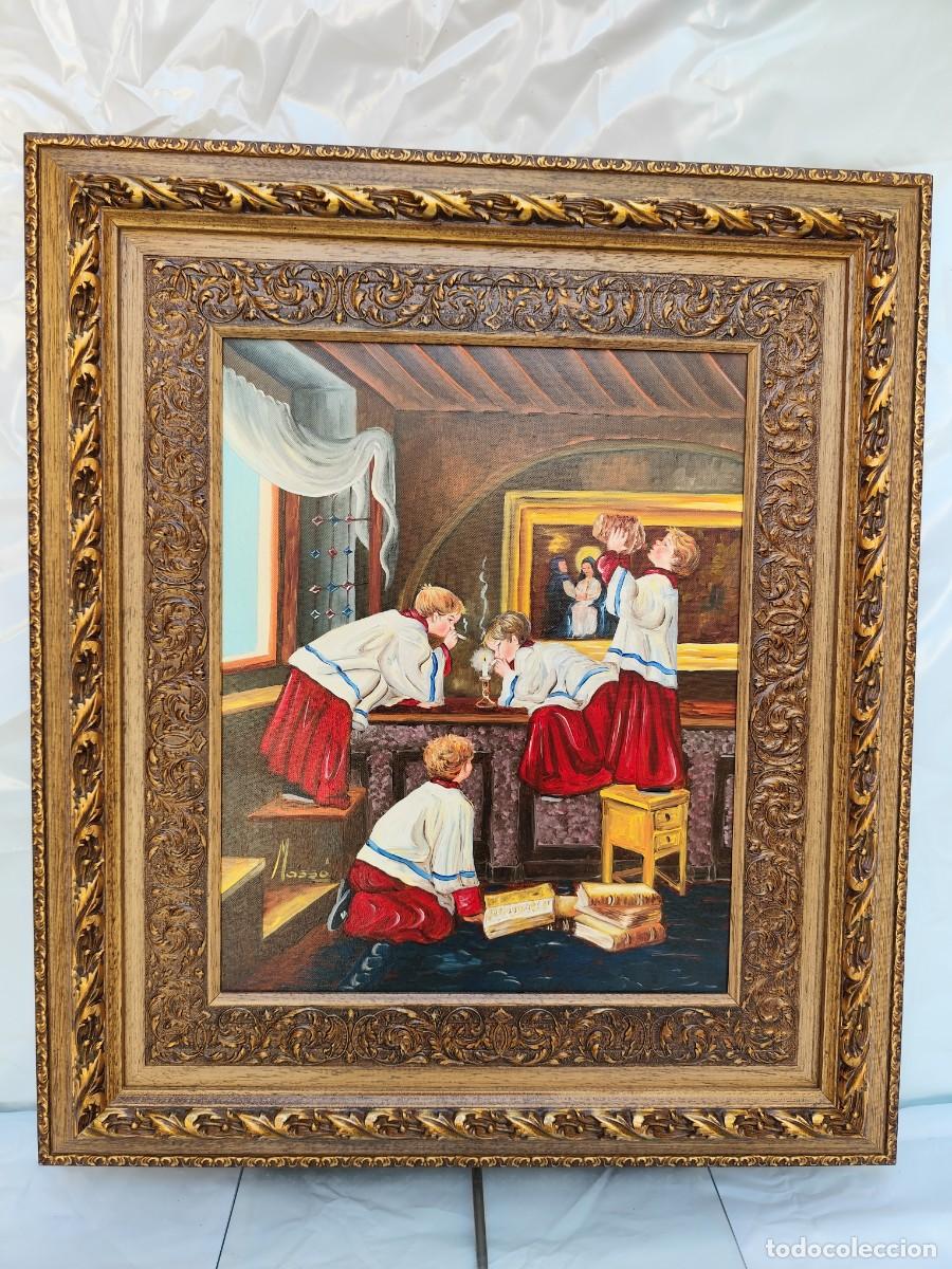 Arte: &Oacute;LEO ORIGINAL FIRMADO &rdquo;MASS&Oacute;&rdquo; &ndash; ESCENA DE MONAGUILLOS &ndash; ESPECTACULAR MARCO ARTESANAL DE NOGAL TALLAD