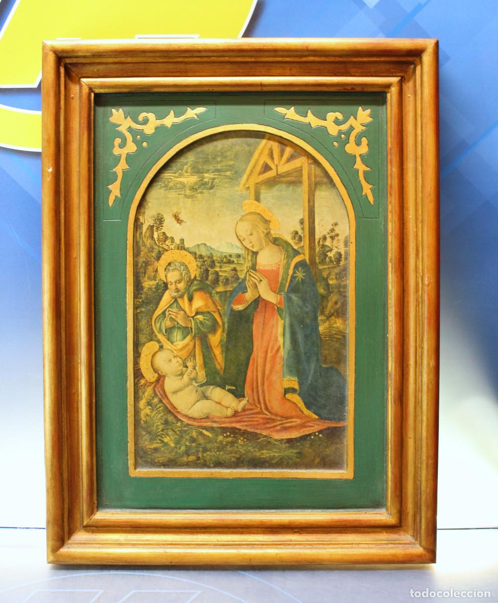 Arte: Natividad renacentista, nacimiento de Jes&uacute;s. Serigraf&iacute;a sobre tabla acabada con pan de oro y barniz.