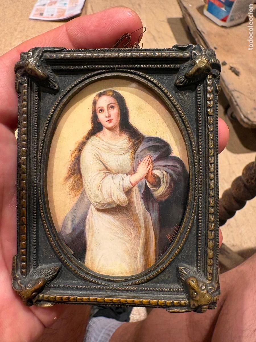 Arte: Virgen de murillo miniatura firmada mulli? pintada sobre antigua placa de marfil