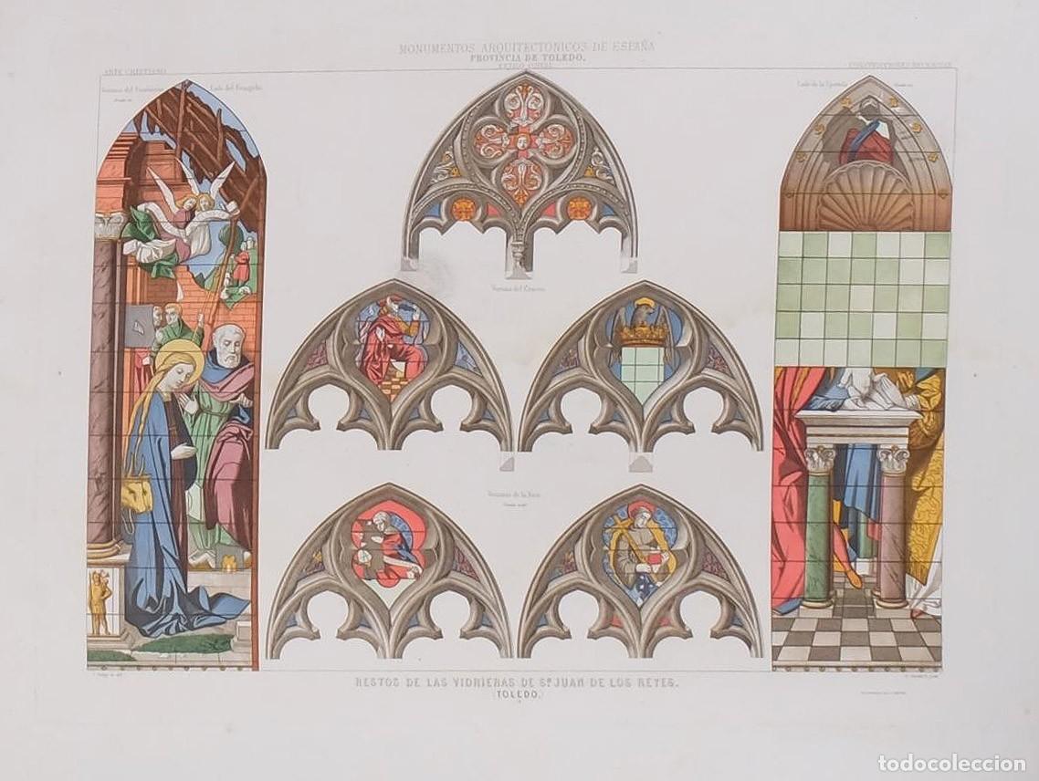 Arte: Lamina grabado Vidrieras de San Juan de los Reyes de Toledo 1858 original