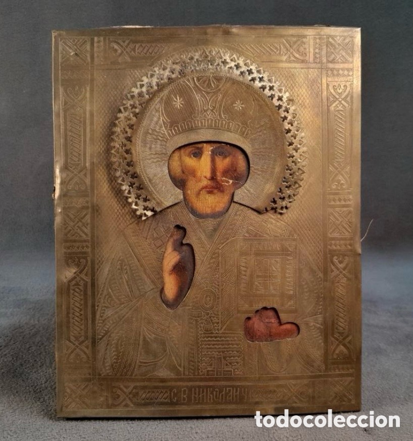 Arte: Antiguo icono ruso de San Nicol&aacute;s Traumaturgo con Oklad. &Oacute;leo sobre tabla. S.XIX