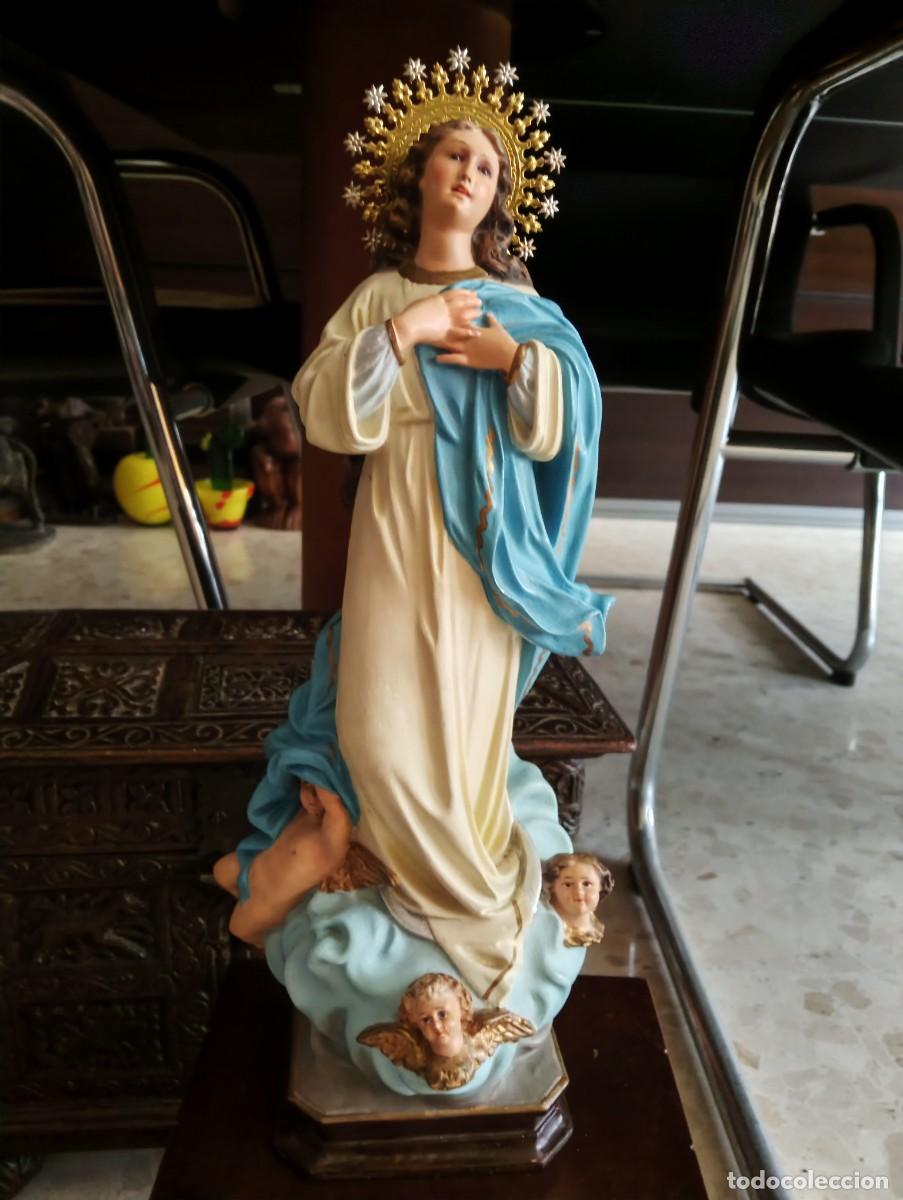Arte: IMAGINERIA DE OLOT PASTA MADERA VIRGEN PURISIMA INMACULADA CONCEPCION CON QUERUBINES - ALTURA 39 CM