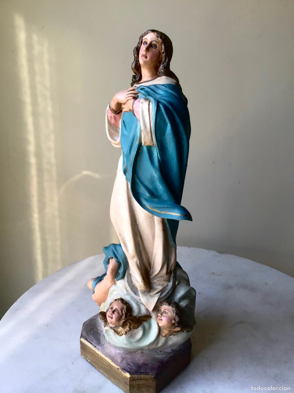 Arte: GRANDE Y ANTIGUA VIRGEN INMACULADA , FIGURA DE OLOT SELLADA - OJOS DE VIDRIO