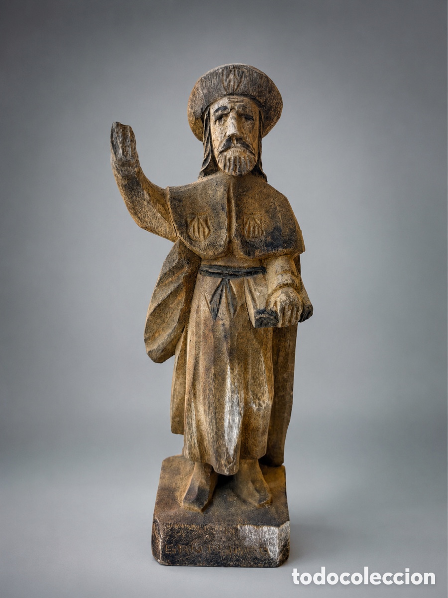 Arte: T&iacute;tulo: Talla de madera de Santiago Ap&oacute;stol peregrino &ndash; Escultura religiosa tallada a mano