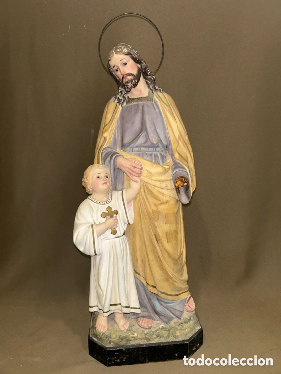 Arte: ANTIGUO SAN JOS&Eacute; CON NI&Ntilde;O 53 CM, ESTUCO POLICROMADO, OJOS DE CRISTAL, *VER FOTOS*