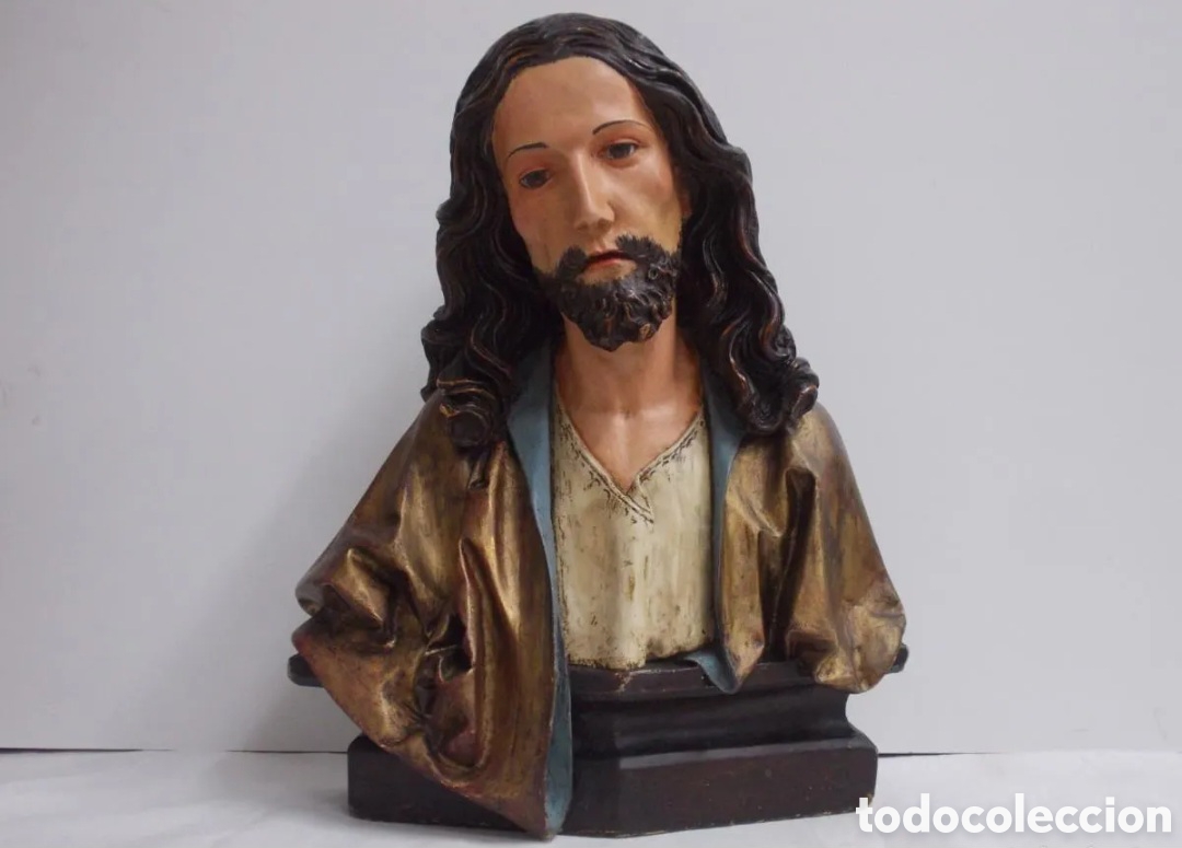Arte: PRECIOSO GRAN BUSTO DE CRISTO EN ESTUCO POLICROMADO OLOT