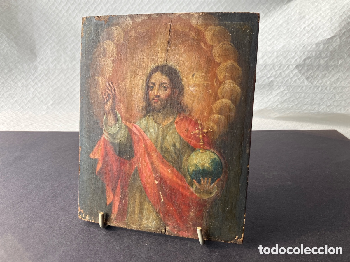Arte: Antigua pintura sobre estuco Pantocrator / Salvador mundi