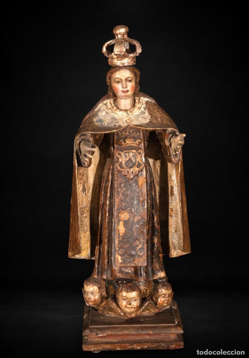 Arte: Virgen del Carmen talla en madera policromada Siglo XVII-XVIII con querubines