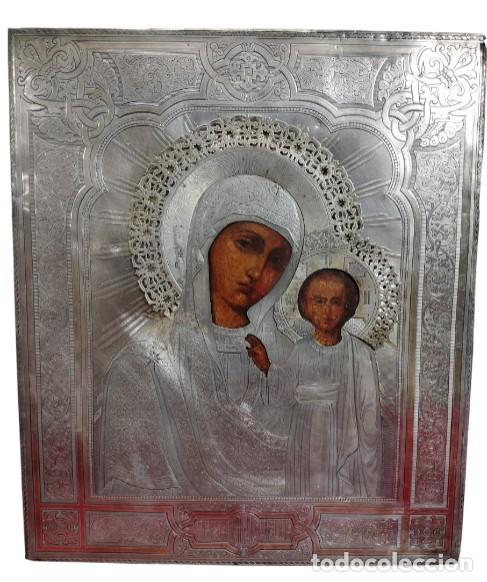 Arte: ICONO DE LA VIRGEN DE KAZAN. TEMPLE SOBRE MADERA. RIZA DE PLATA. RUSIA. XIX