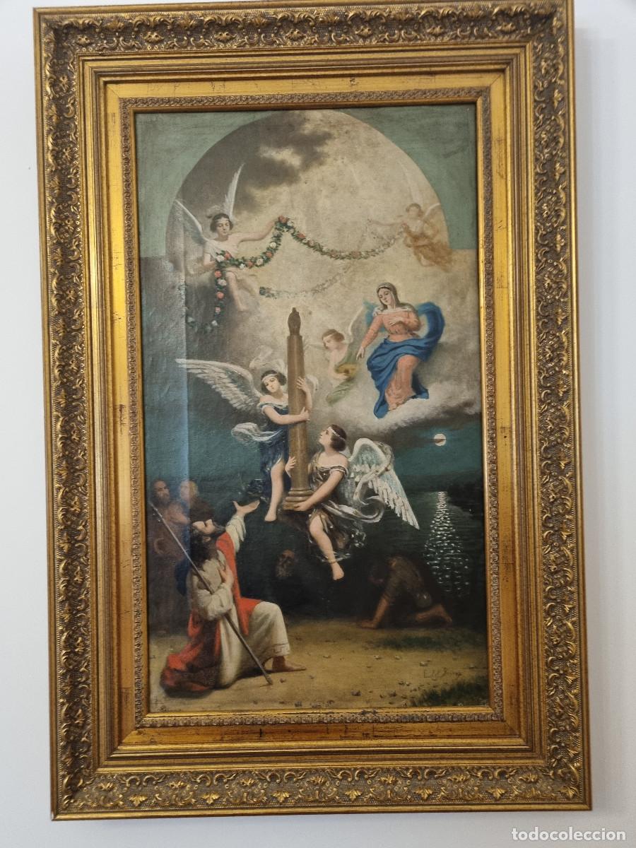Arte: Oleo Aparicion de la Virgen del Pilar a Santiago Apostol y algunos Varones Apostolicos
