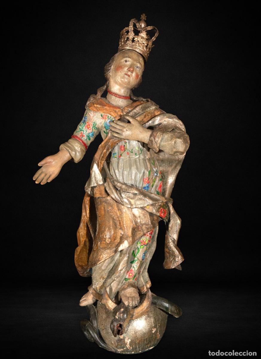 Arte: Virgen Pur&iacute;sima Inmaculada madera policromada escuela colonial XVII-XVIII