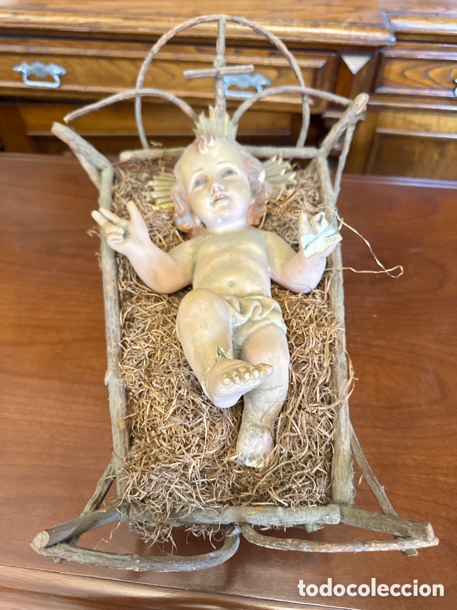 Arte: NI&Ntilde;O JES&Uacute;S OJIS DE CRISTAL CON CUNA DE ORNATO OLOT PARA RESTAURAR