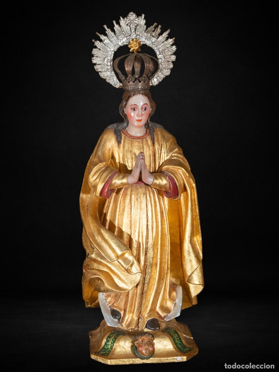 Arte: Virgen Inmaculada Colonial Hispanoamericana Madera Dorada XVIII-XIX 67 cm