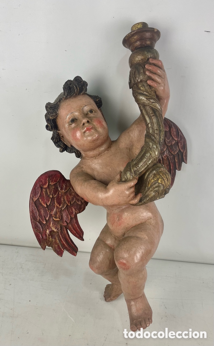 Arte: GRAN &Aacute;NGEL TORCHERO BARROCO DE MADERA POLICROMADA, SIGLO XVIII - 63 CM