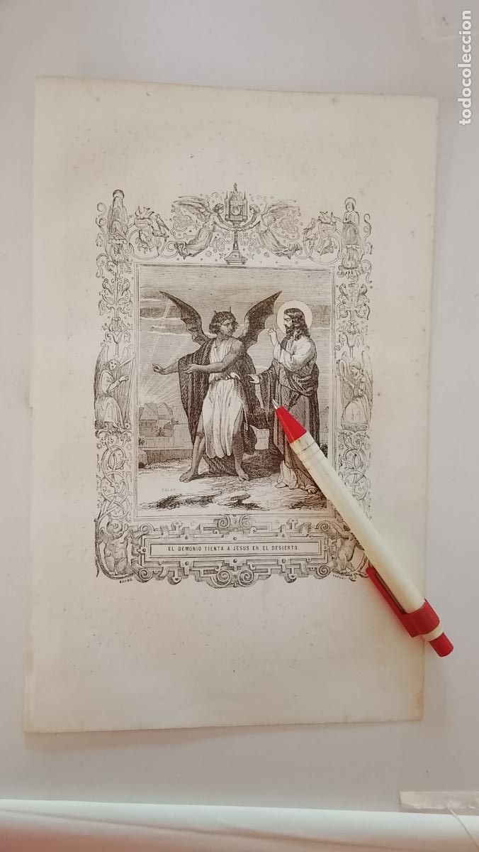 Arte: plancha Grabado LITOGRAFICO religioso del a&ntilde;o 1849 - EL DEMONIO TIENTA A JESUS EN EL DESIERTO SATAN