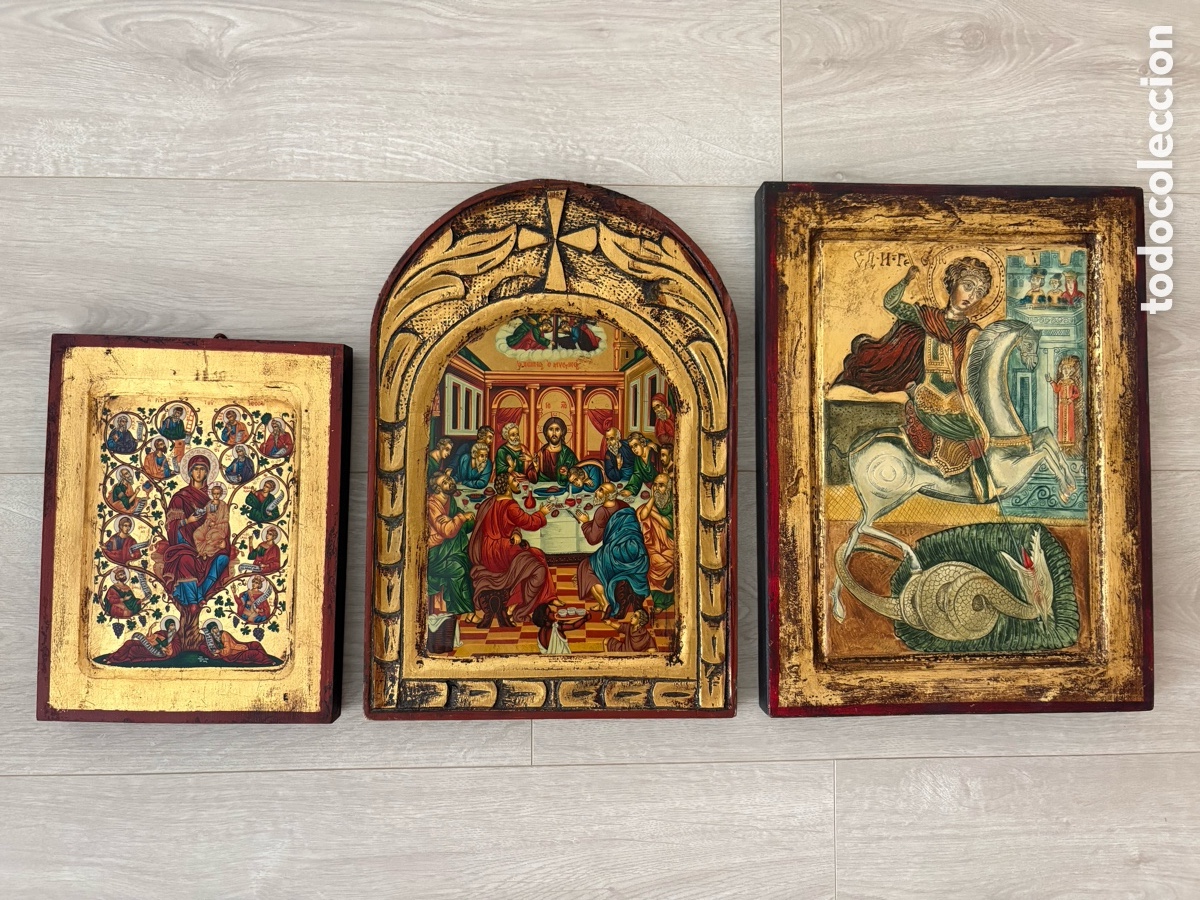 Arte: Lote de 3 iconos bizantinos griegos pintados a mano sobre madera con pan de oro &ndash; Certificados