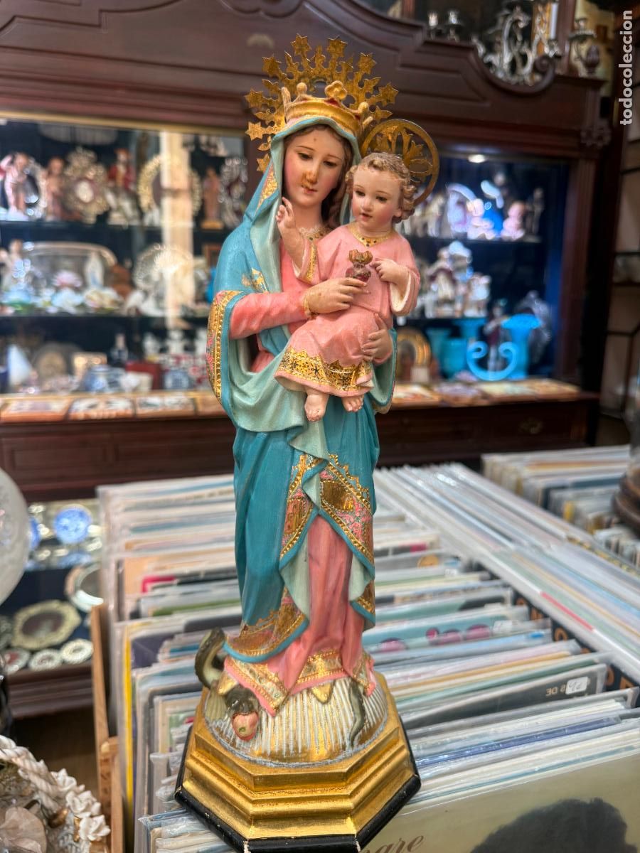 Arte: FANTASTICA VIRGEN DEL SAGRADO CORAZON EN TALLA DE MADERA Y POLICROMADA CON OJOS DE CRISTAL - 40 CM