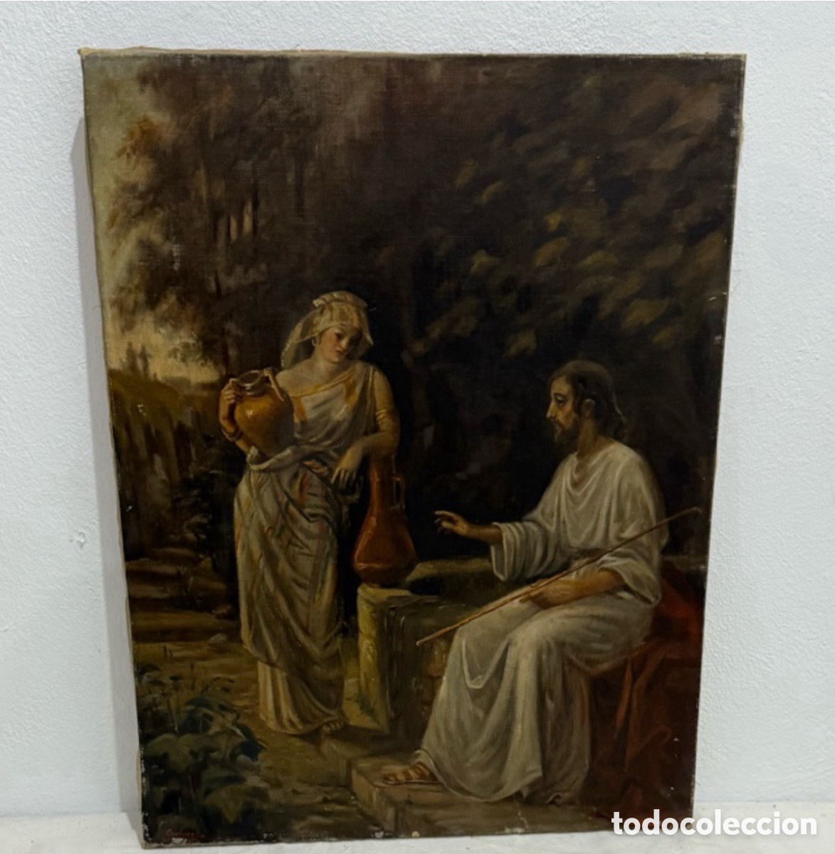 Arte: Antiguo &oacute;leo sobre lienzo religioso firmado Carbonell Cristo y la Samaritana.