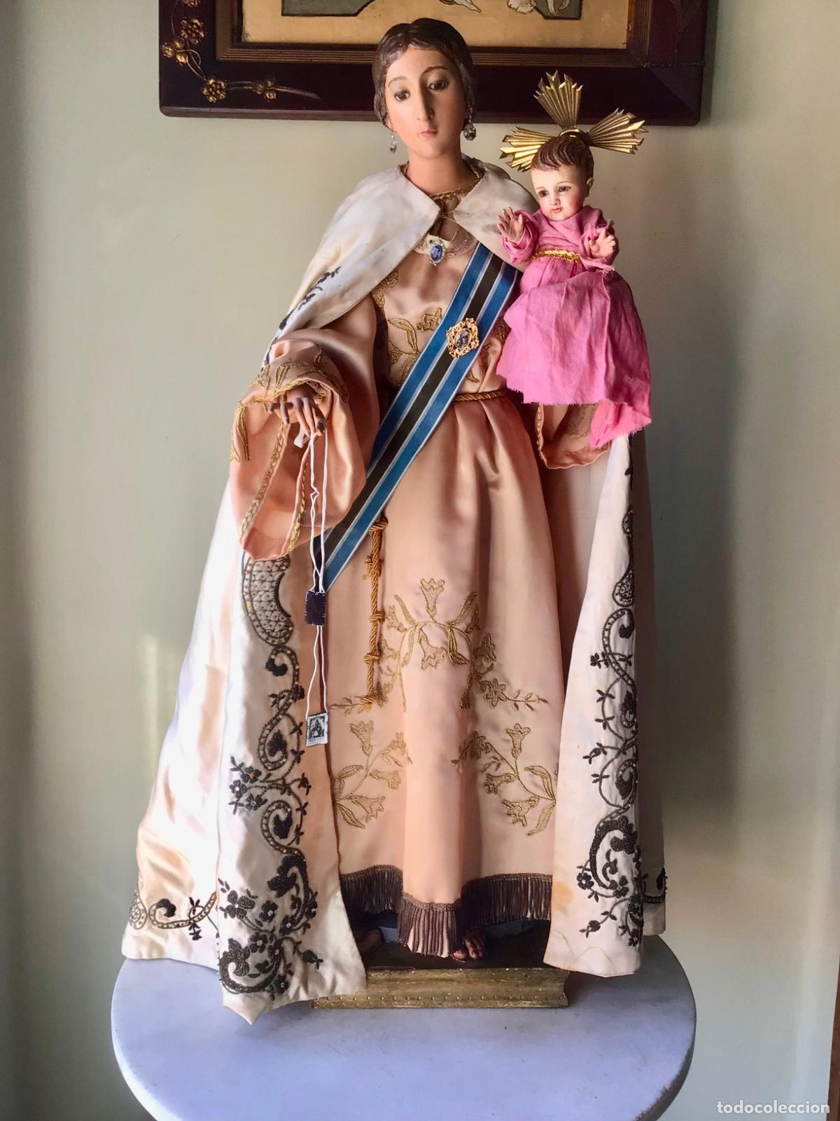 Arte: ANTIGUA VIRGEN CON NI&Ntilde;O JESUS- 86 CM ALTA -TALLA MADERA CAP I POTA SIGLO XIX , CON ROPAJES Y JOYAS