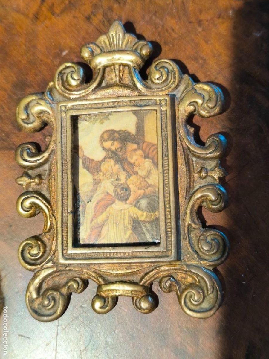 Arte: ANTIGUO PEQUE&Ntilde;O MARCO DE BRONCE, CON IMAGEN DE JESUS CON NI&Ntilde;OS 7,5X10,5 CM