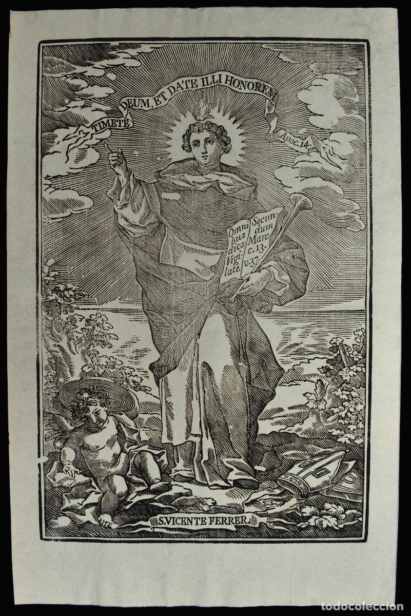 Arte: San Vicente Ferrer. Patr&oacute;n de Valencia. Grabado xilogr&aacute;fico siglo XIX. 29x19 cm.