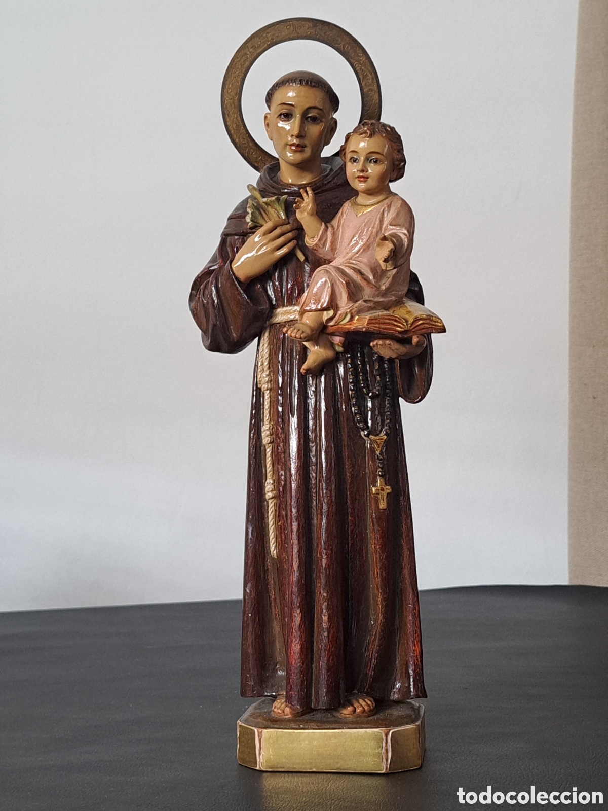 Arte: SAN ANTONIO DE PADUA CON NI&Ntilde;O TALLA DE MADERA FIRMADA