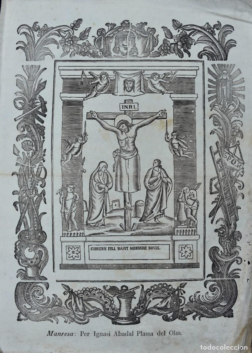 Arte: Gravat xilogr&agrave;fic crucifixi&oacute; de Crist. s. XIX. Impremta d'Ignasi Abadal. Manresa. Plassa del Olm.