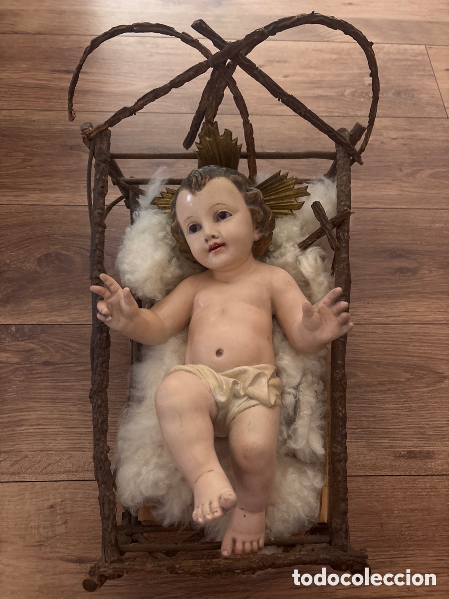 Arte: Ni&ntilde;o Jes&uacute;s de Olot 33cm con ojos de cristal Estuco