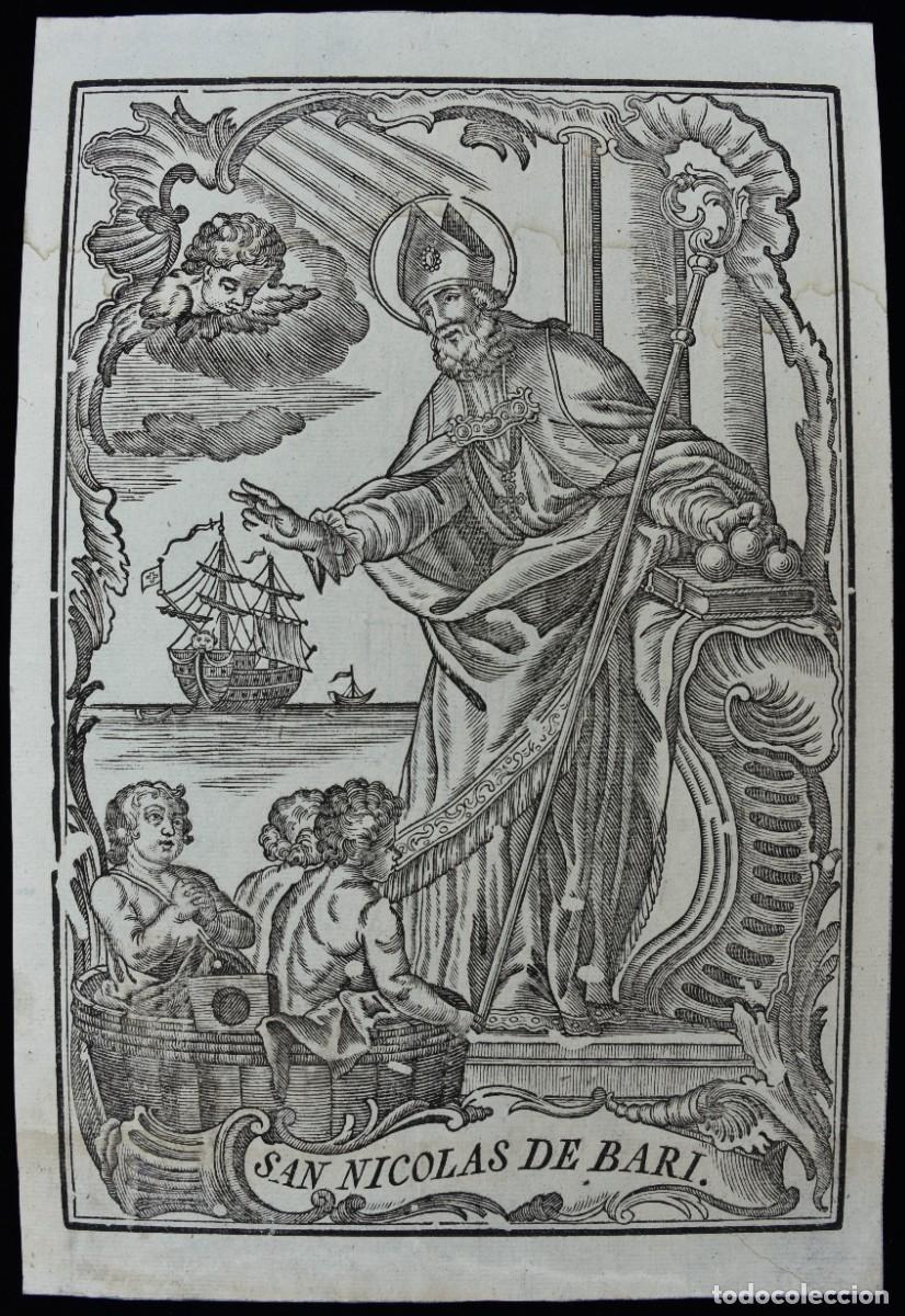 Arte: San Nicolas de Bari. Gravado xilogr&agrave;fico del siglo XIX. Hoja con filigrana /marca de agua.