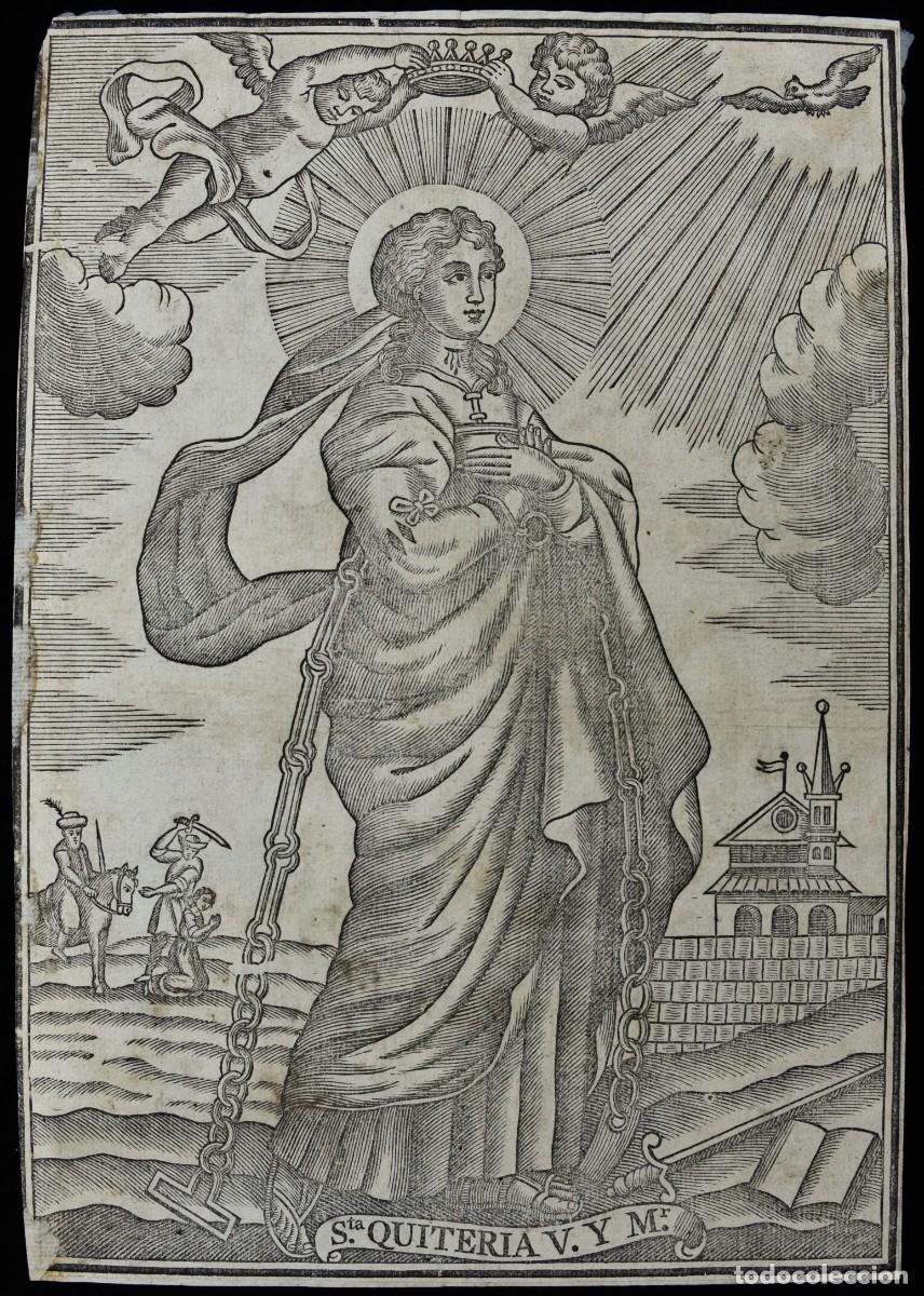 Arte: Santa Quiteria, Virgen y M&aacute;rtir. Grabado xilogr&aacute;fico siglo XIX. Medidas: 25 x 17,5 cm.