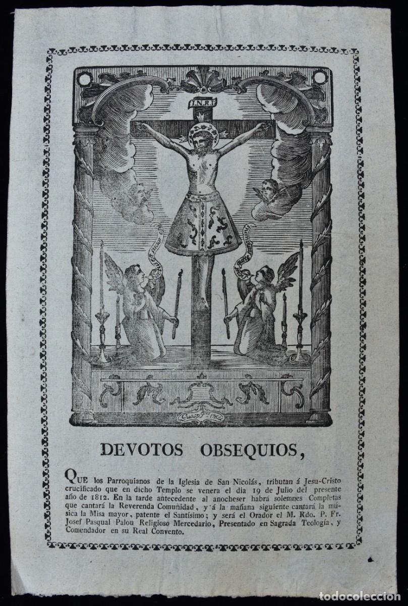 Arte: Iglesia de San Nicol&aacute;s. Devotos obsequios. 19 julio 1812. Grabado xilogr&aacute;fico Guasp 1764. Mallorca
