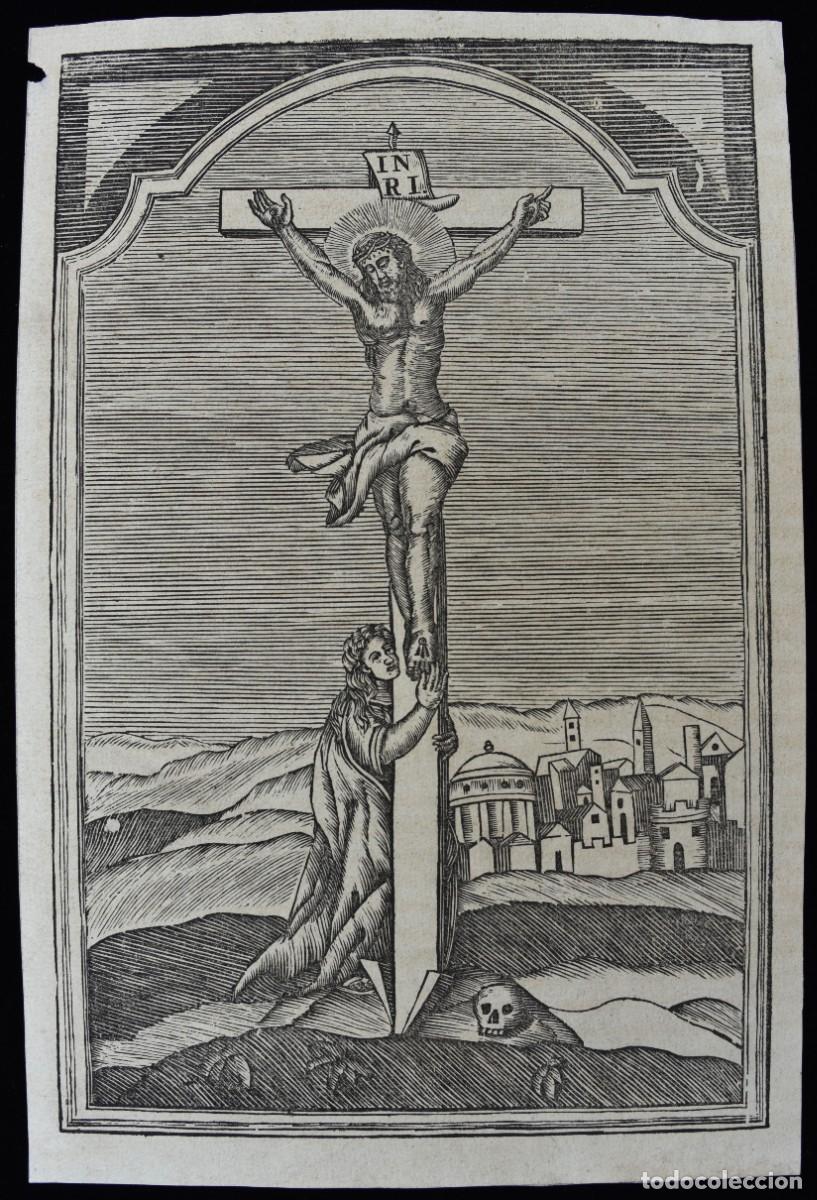 Arte: Maria Magdalena abrazada al pie de la cruz. Grabado xilogr&agrave;fico. Marca de agua con la fecha 1842.