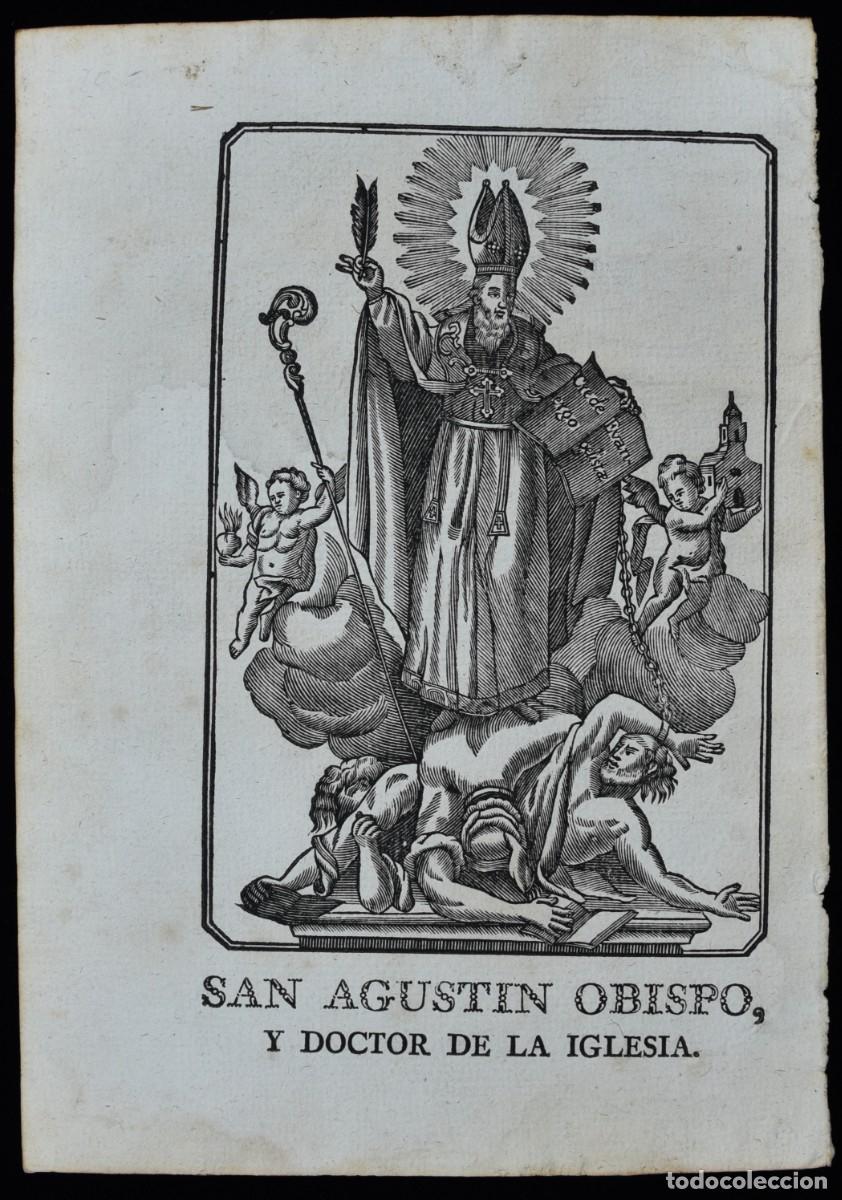 Arte: San Agust&iacute;n Obispo y Doctor de la Iglesia. Grabado xilogr&aacute;fico siglo XIX. Medidas 21 x 15 cm.