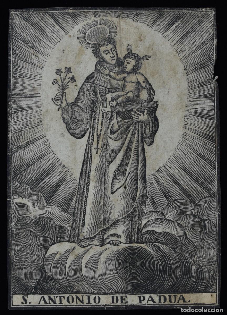 Arte: San Antonio de Padua. Grabado xilogr&aacute;fico del siglo XIX. Medidas 17,5 x 12 cm.