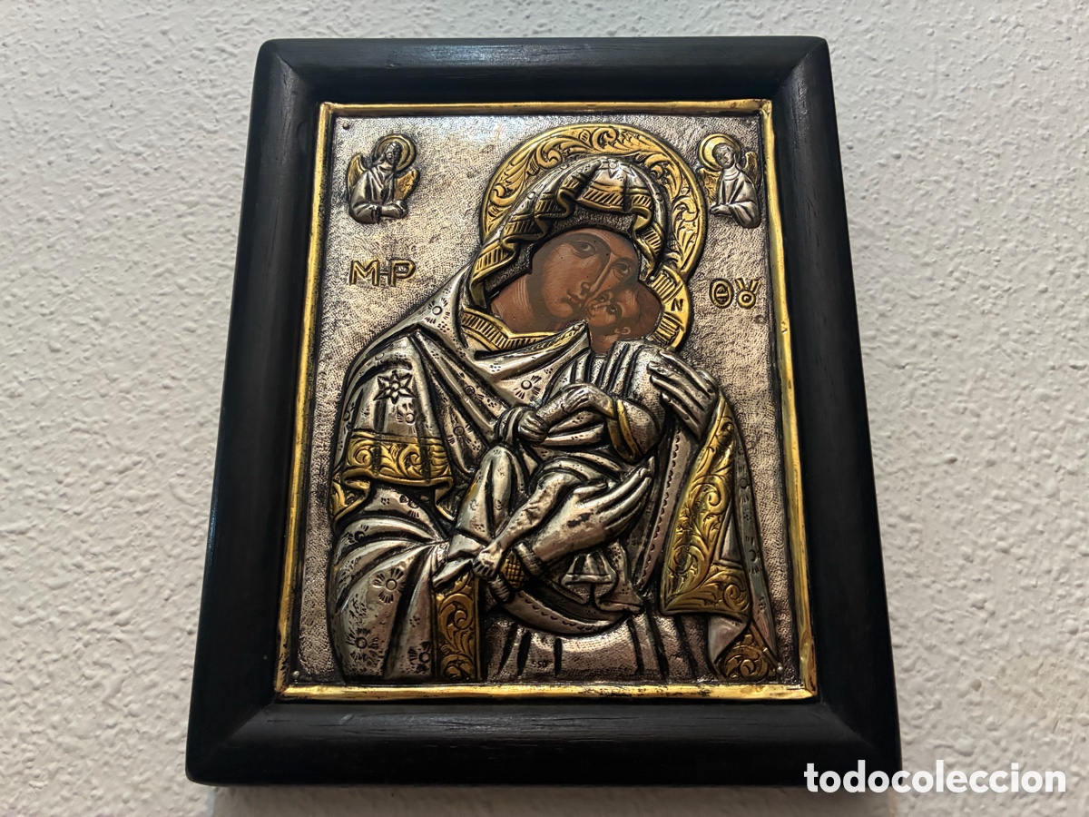 Arte: Icono bizantino Virgen con Ni&ntilde;o en plata 950 y oro 24K &ndash; certificado