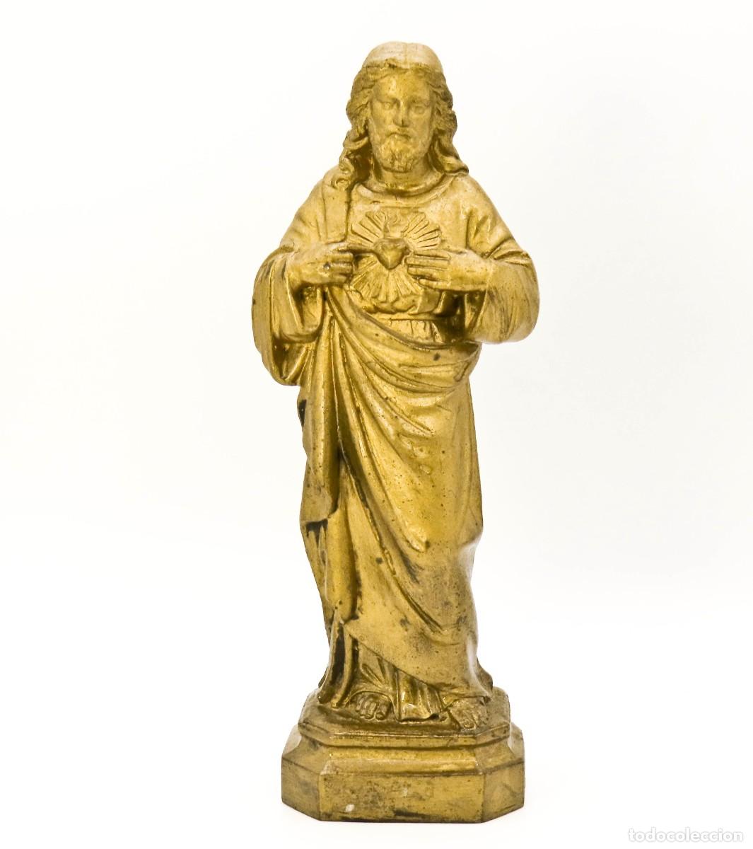 Arte: FIGURA SAGRADO CORAZ&Oacute;N DE JES&Uacute;S ANTIGUA EN CALAMINA 14 cm