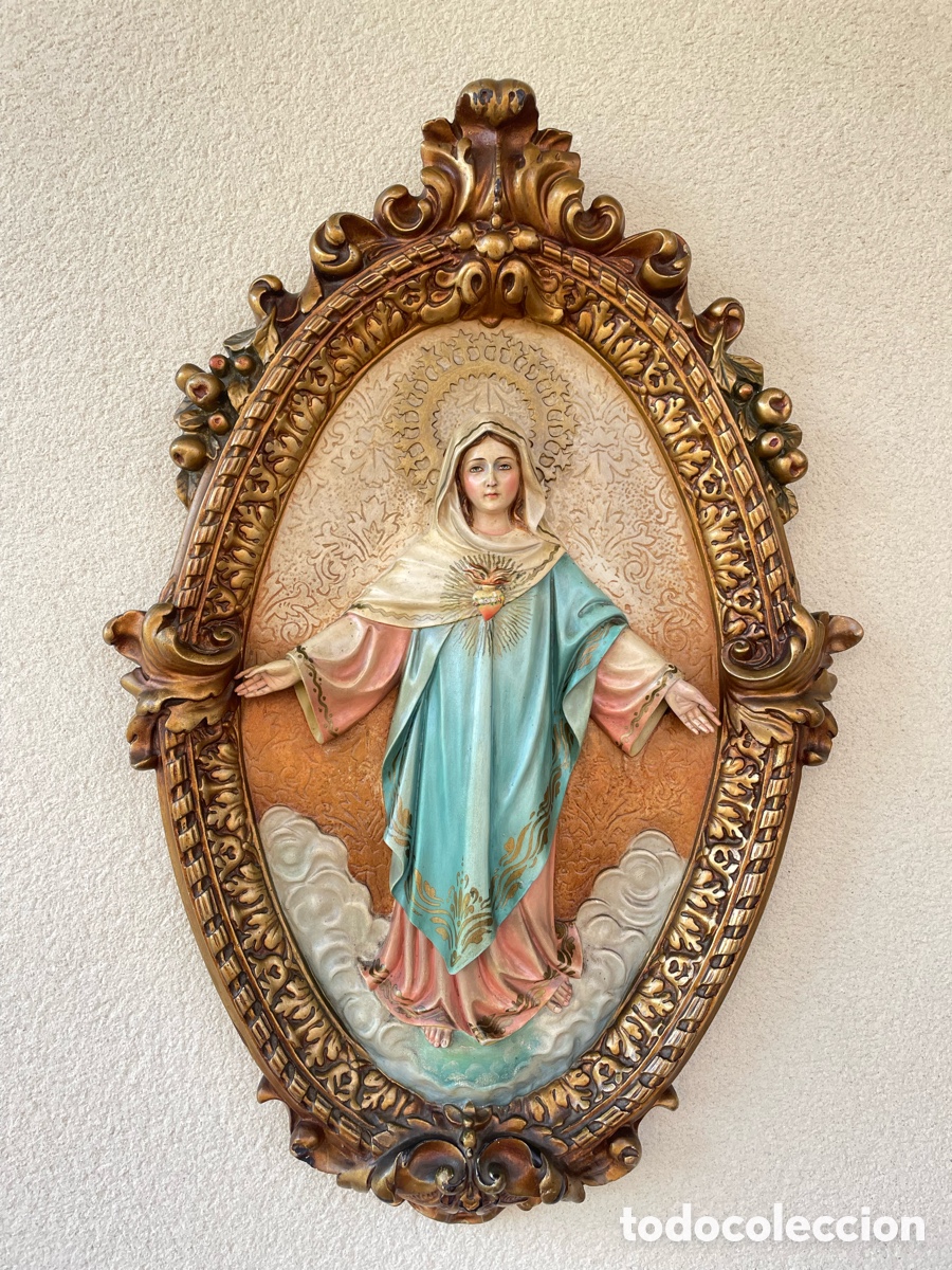 Arte: Precioso Relieve religioso. Sagrado Coraz&oacute;n de Mar&iacute;a. Olot.